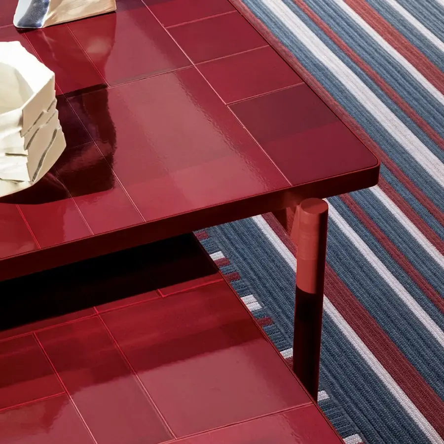 Exceptional Talenti Nalu coffee table crafted in red glazed stoneware and aluminum with a high-gloss sheen