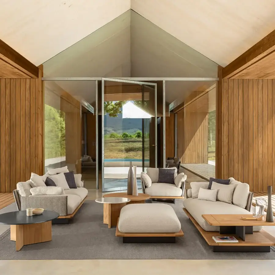 Superior Talenti Venice sectional with teak and accoya wood base upholstered in neutral beige for a minimalist aesthetic