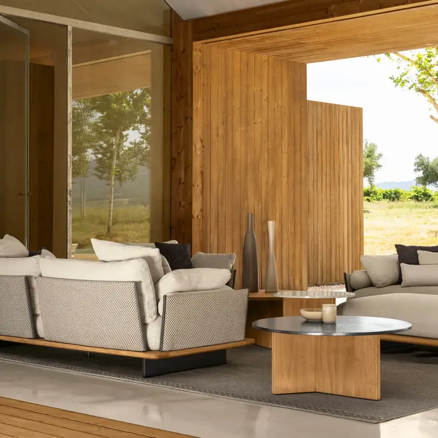 Exceptional Talenti Venice sectional with teak and accoya wood base, light beige woven cushions, and charcoal accents