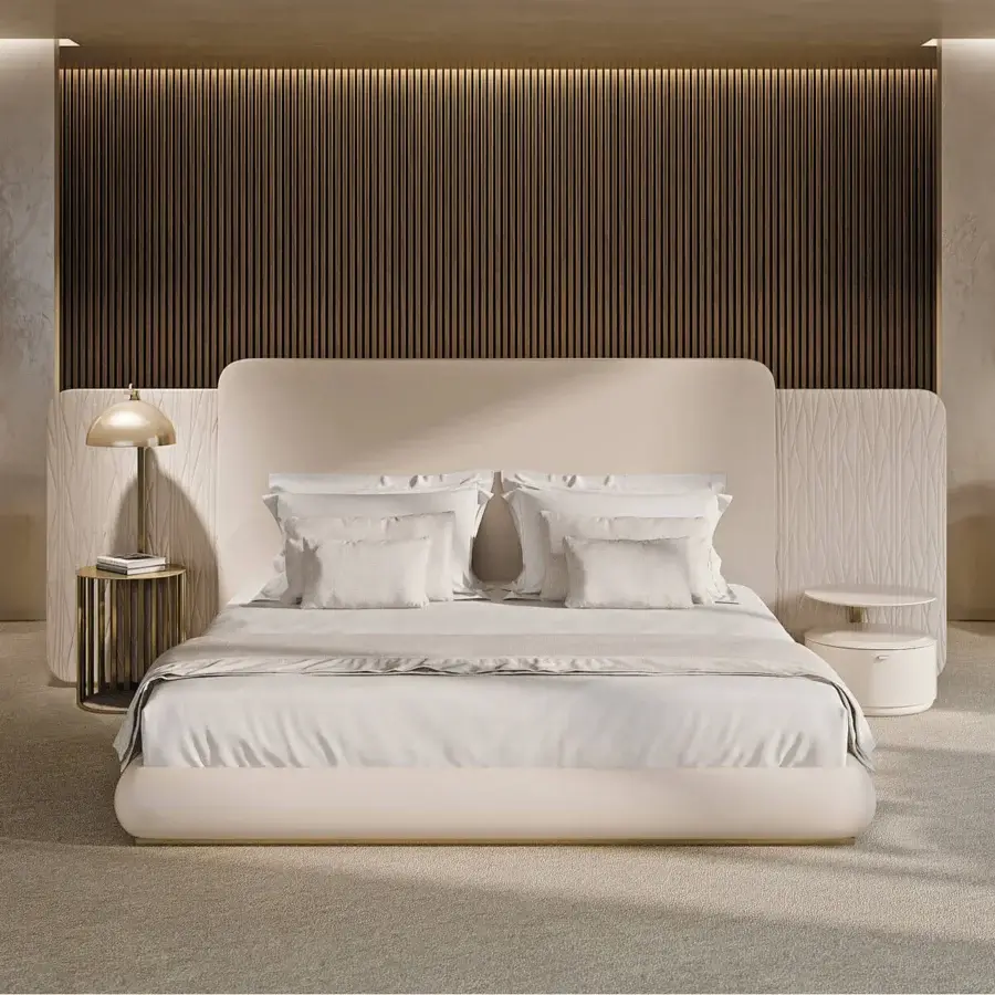 Exceptional Turri Roma bed with pale beige upholstery, curved headboard and subtly textured side panels crafted in Italy