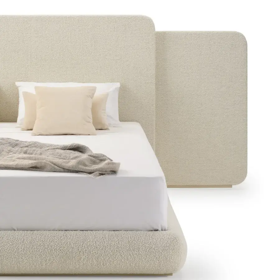 Elegant Turri Roma bed with enveloping design in light beige textured fabric or leather upholstery