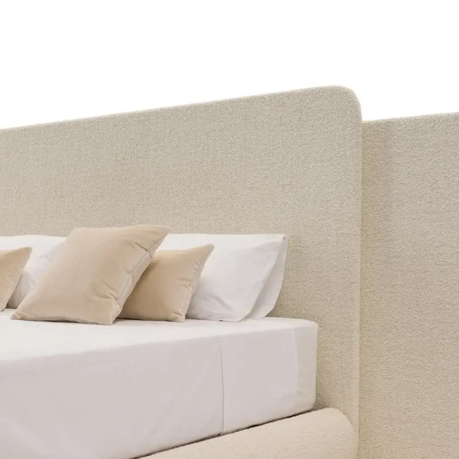 Distinguished Turri Roma bed with wing structure and tall geometric headboard crafted in neutral beige fabric or leather