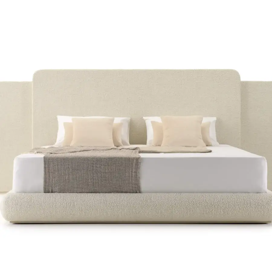 Superior Turri Roma bed with fully upholstered structure and subtly curved lines in textured neutral beige fabric or leather