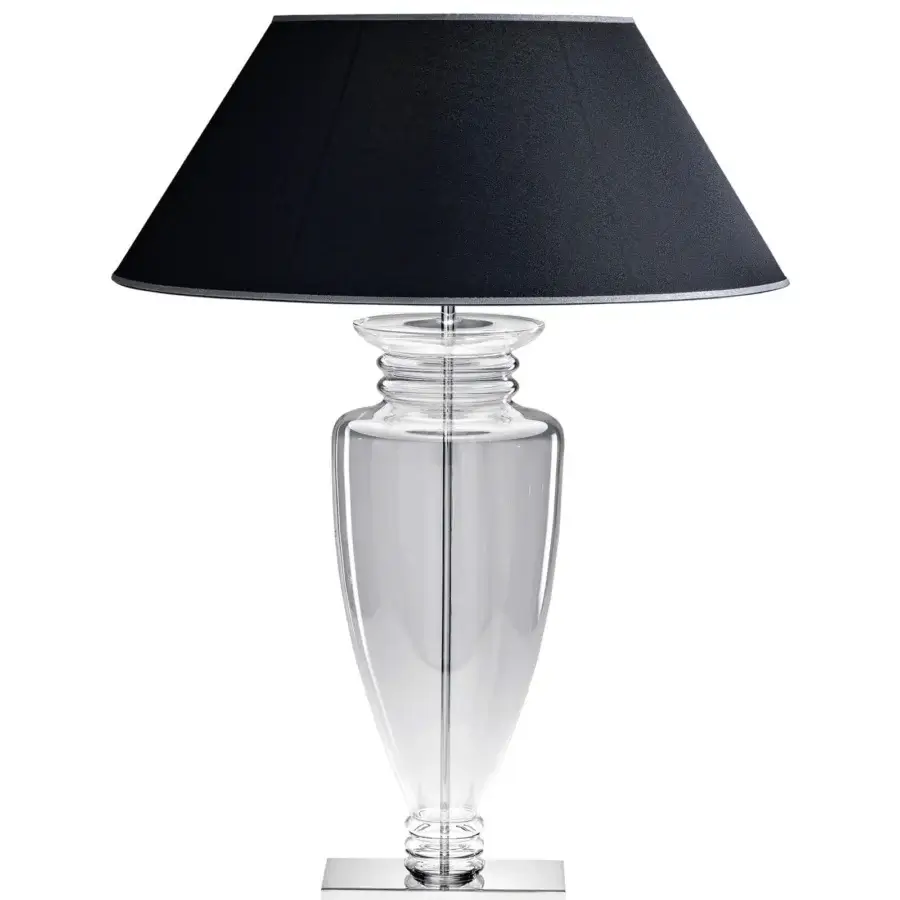 Elegant Italamp Ambrosia table lamp with a vase-like blown glass base and polished nickel finish, topped with a black fabric shade