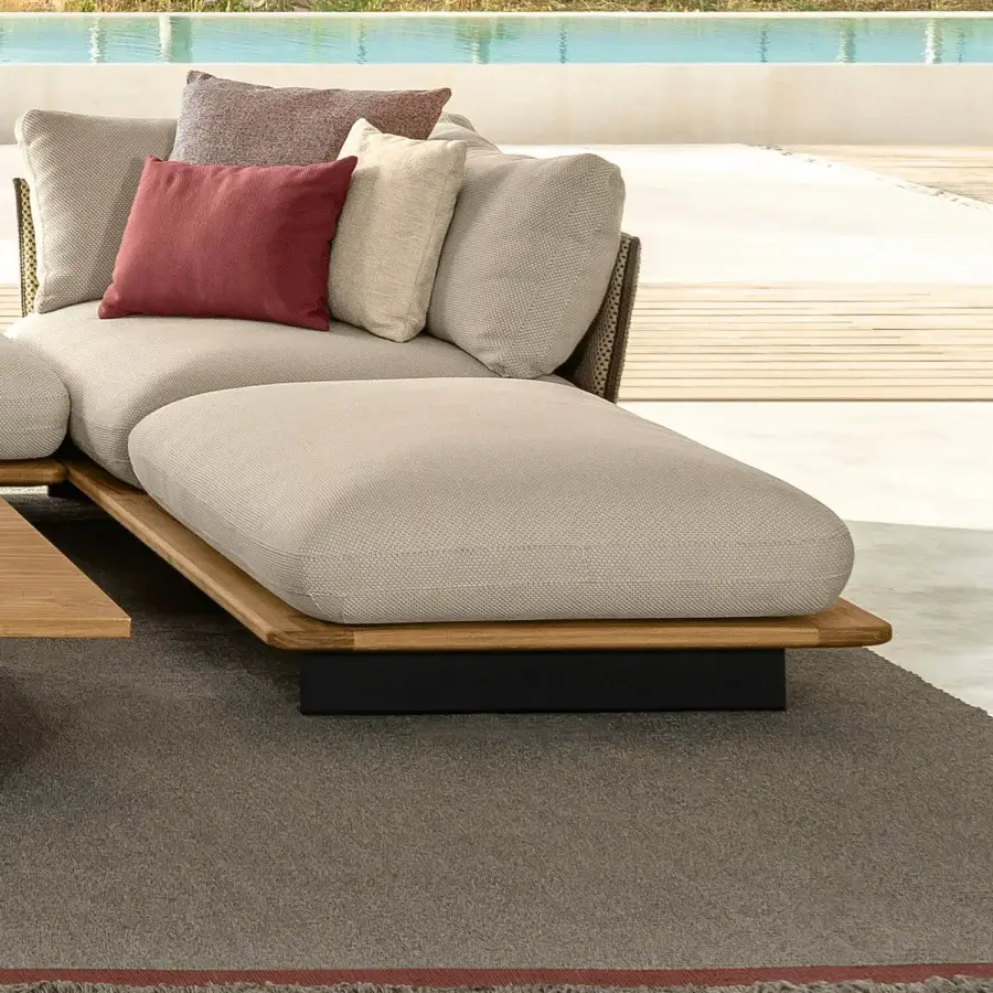 Elegant Talenti Venice ottoman with beige textured textile cushion and matte sheen solid wood base