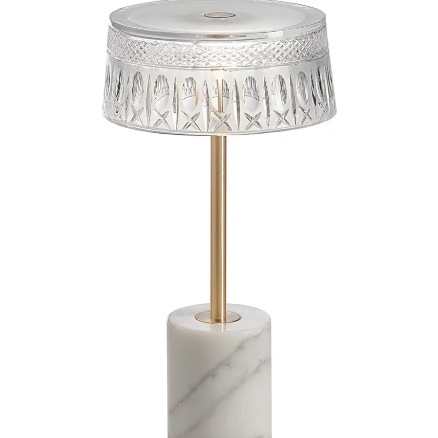 Distinguished Italamp Ester table lamp with aubergine carved crystal diffuser and polished Calacatta gold marble base crafted in Italy