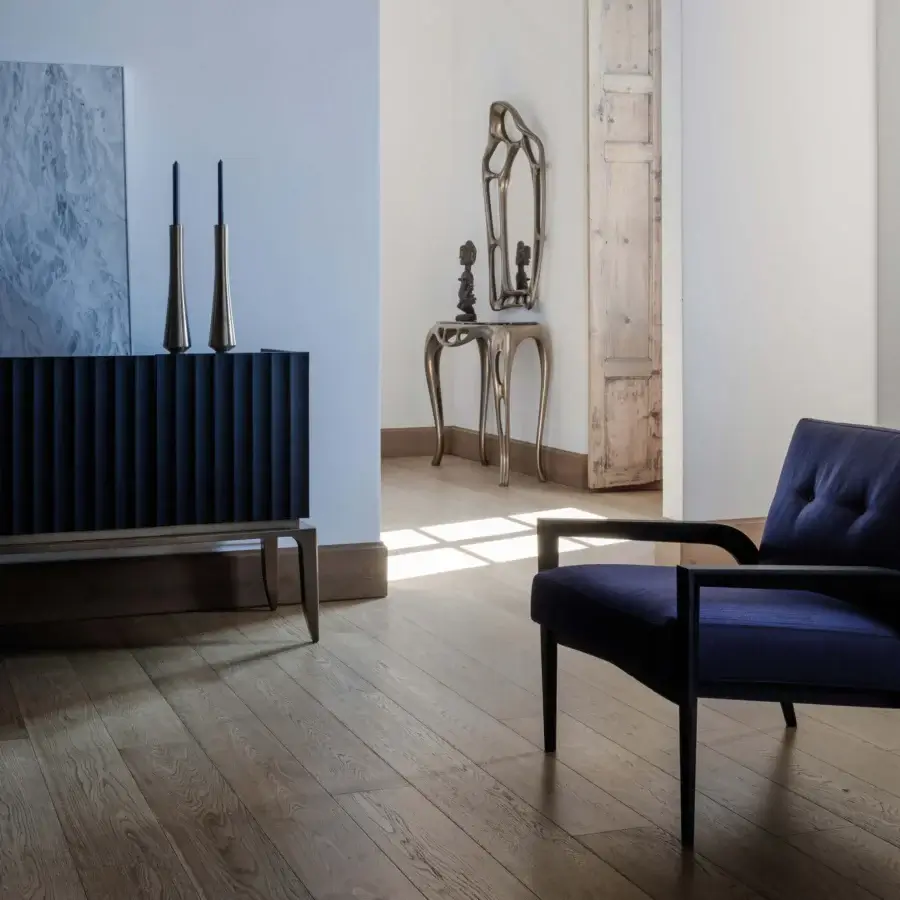 Distinguished BelMondo by Bellotti Ezio Auriga sideboard with deep navy textile-like front and dark-stained wood base