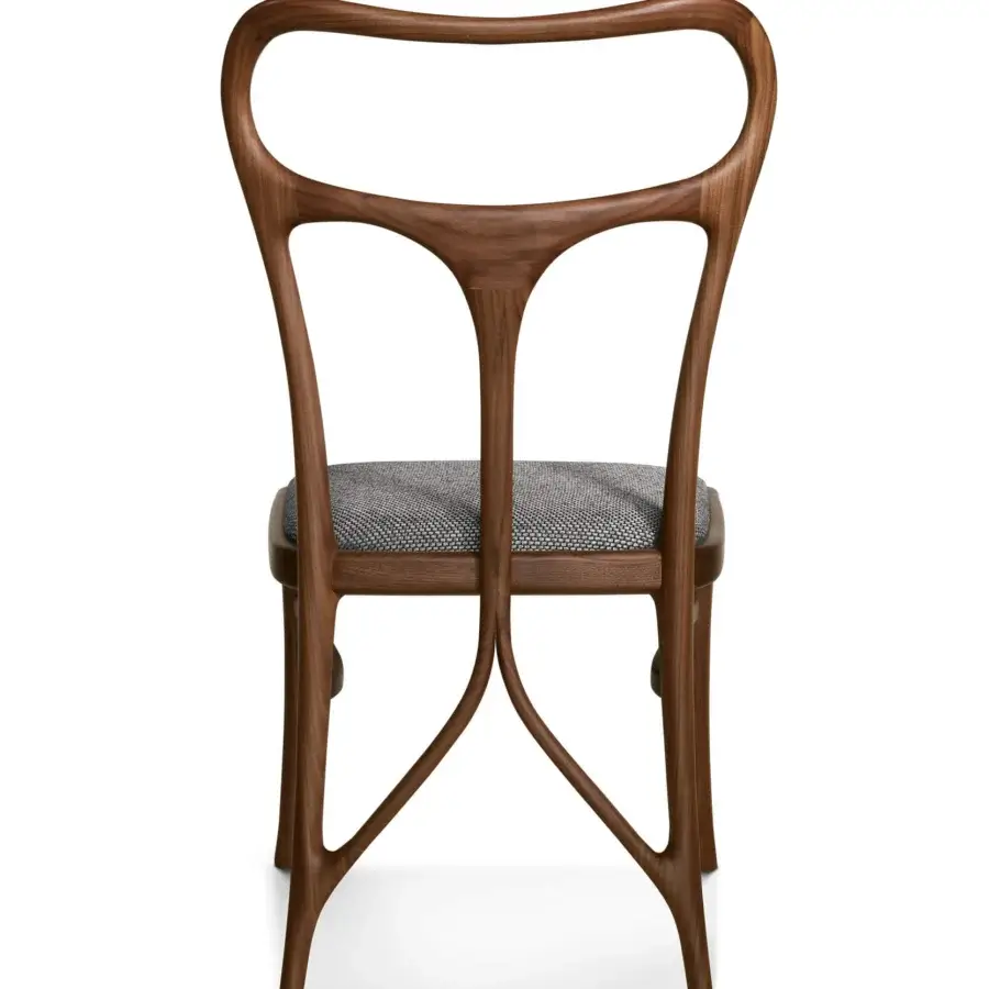 Elegant BelMondo by Bellotti Ezio Febe chair in medium-dark brown wood with satin finish and patterned gray textile cushioning