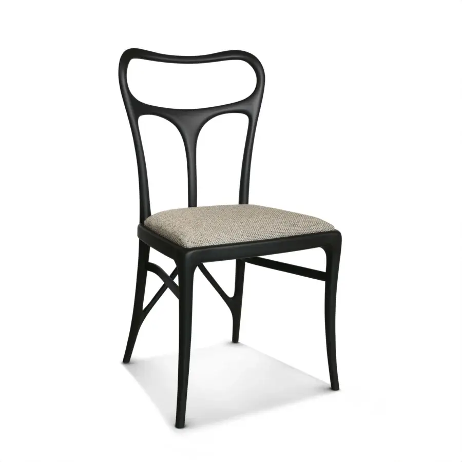 Captivating BelMondo by Bellotti Ezio Febe chair with gracefully curved dark gray frame and subtly patterned seat upholstery in matte finish