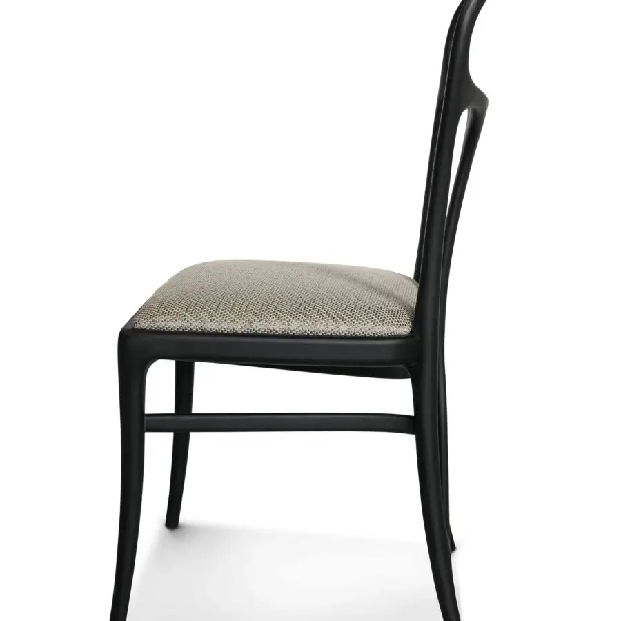 Elegant BelMondo by Bellotti Ezio Febe chair with looped backrest and satin-finished black wood frame in gray and beige upholstery