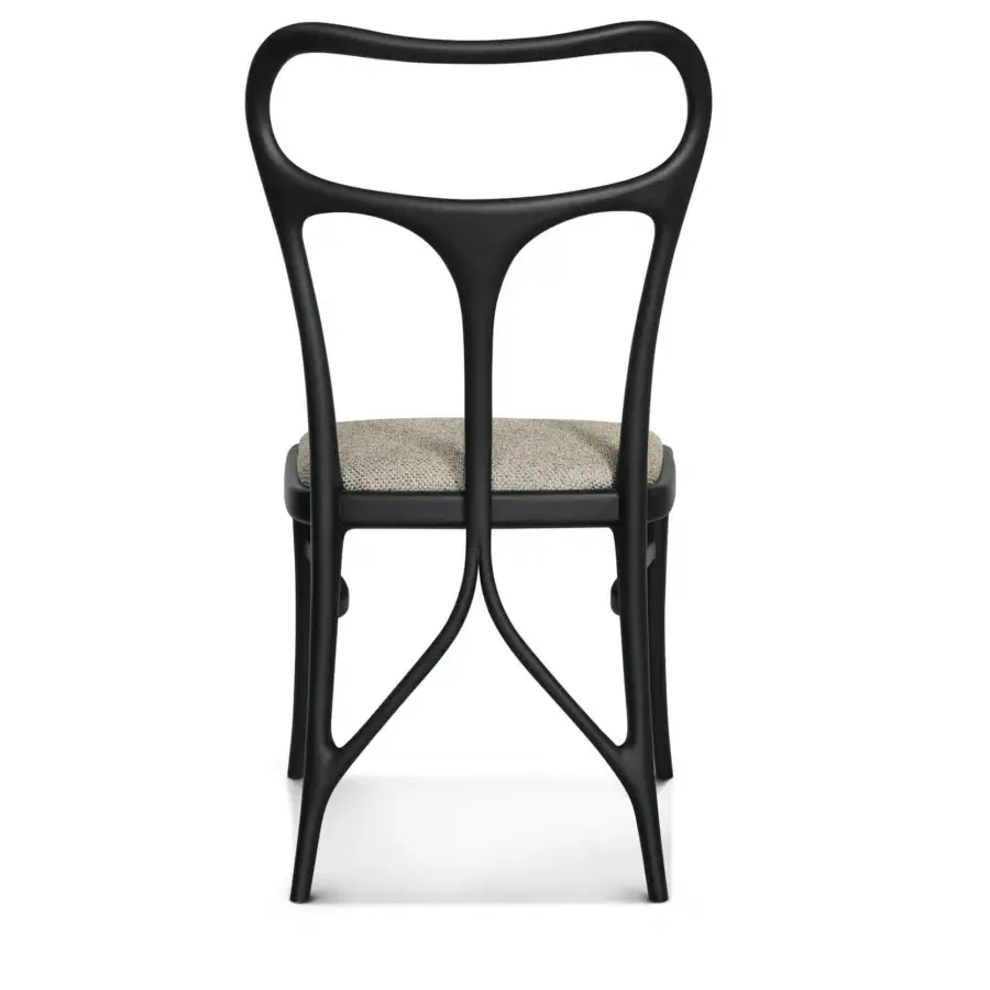 Distinguished BelMondo by Bellotti Ezio Febe chair with curved lines and speckled gray beige textile in dark-toned wood finish
