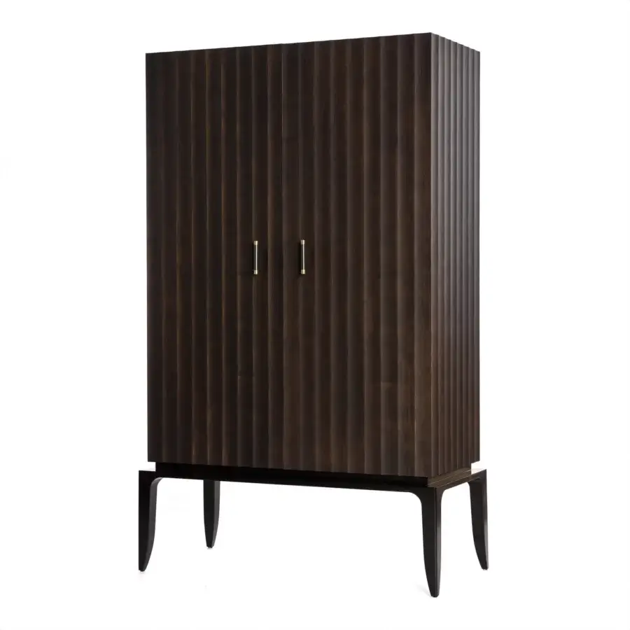 Sophisticated BelMondo by Bellotti Ezio Auriga bar cabinet in dark brown with vertically-grooved wood finish and internal illumination