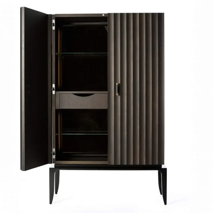 Distinguished BelMondo by Bellotti Ezio Auriga bar cabinet in satin dark brown wood with vertical reeding and gold-toned metal hardware