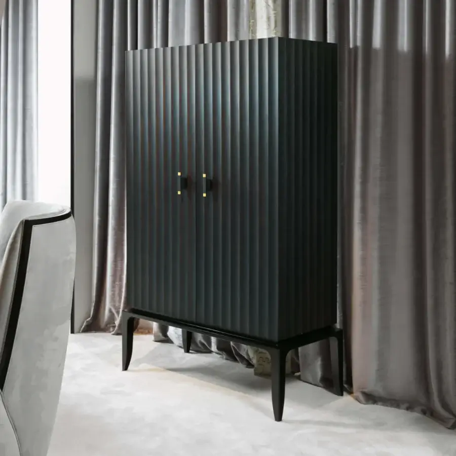 Elegant BelMondo by Bellotti Ezio Auriga bar cabinet crafted in wood with matte dark gray finish and gold-toned metal pulls
