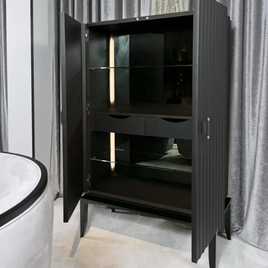 Distinguished BelMondo by Bellotti Ezio Auriga bar cabinet crafted in wood with satin dark gray finish and fluted detailing