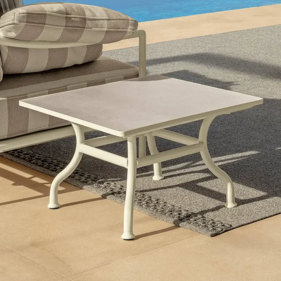 Refined Talenti Capri coffee & side table with a light ceramic top and robust metal frame crafted in Italy