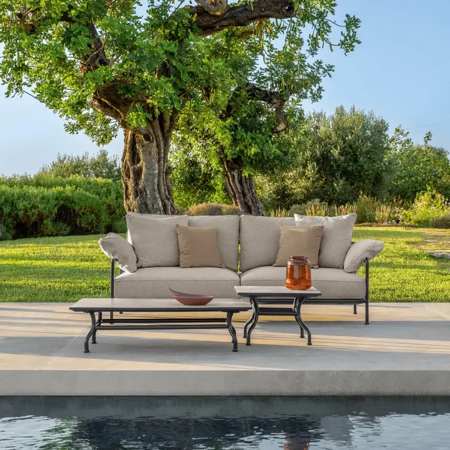 Sophisticated Talenti Capri coffee & side table with sleek metal frame and refined ceramic top in dark matte gray finish