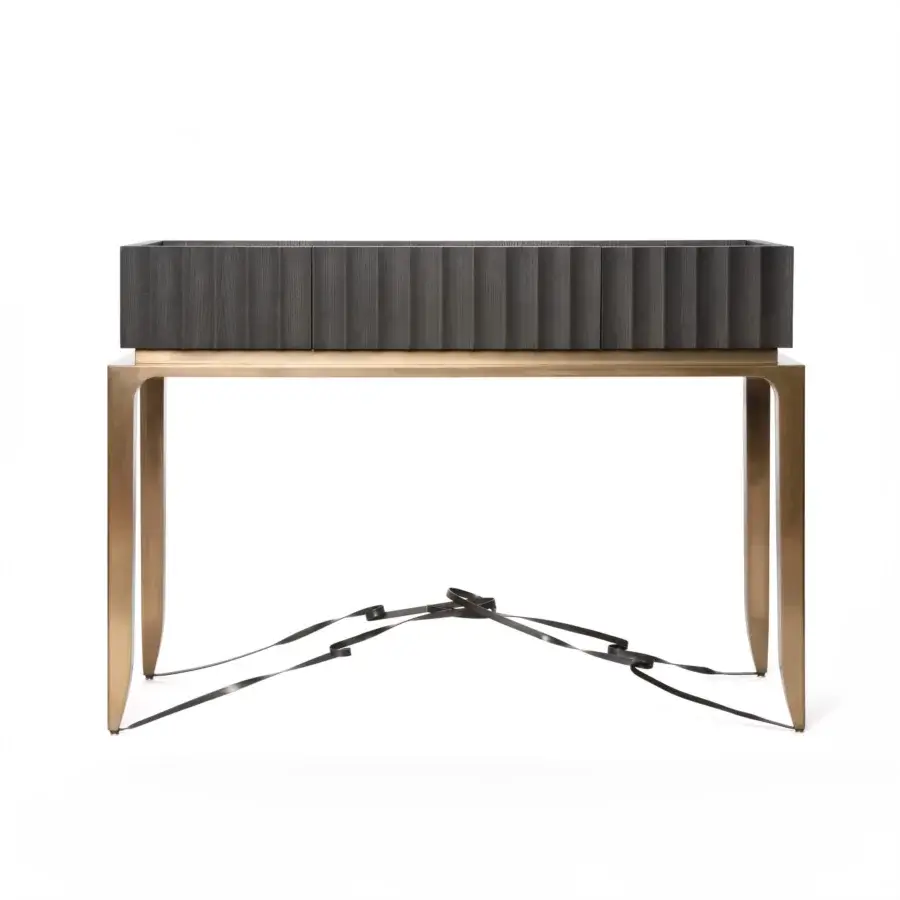 Exceptional BelMondo by Bellotti Ezio Auriga console with dark wood drawers and lustrous golden metal frame built with a matte finish