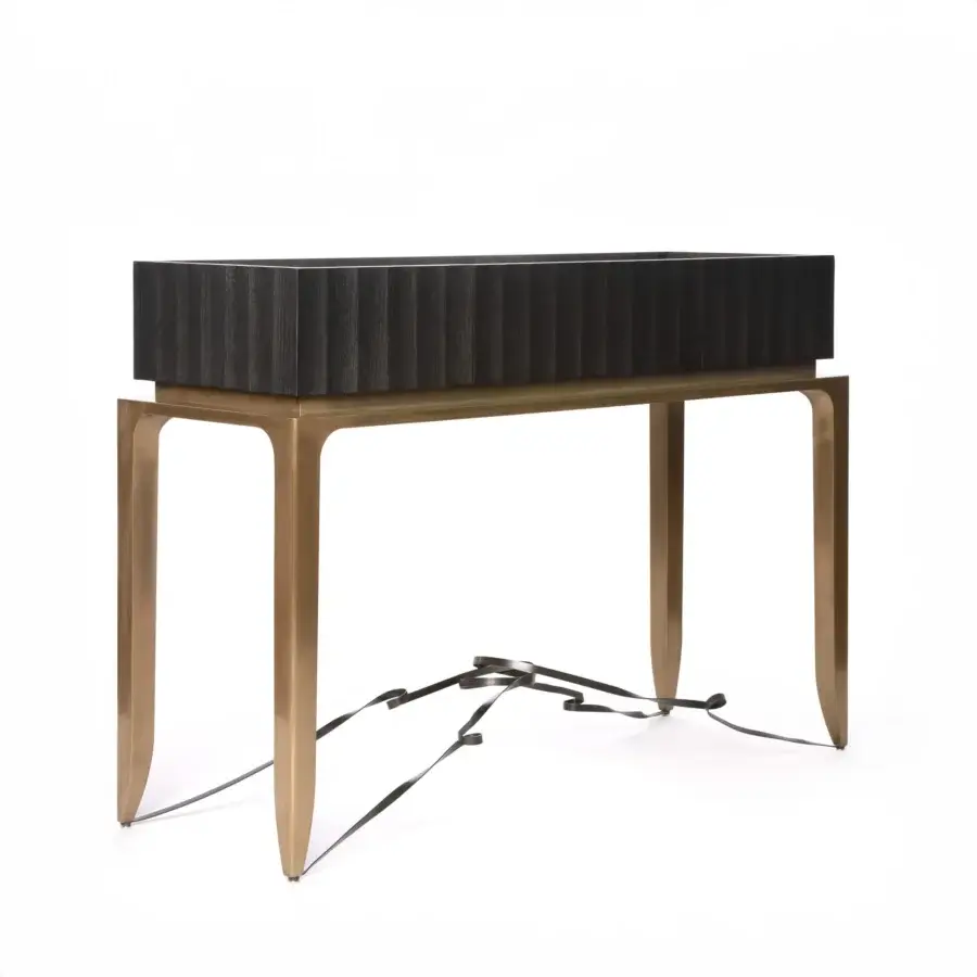 Distinguished BelMondo by Bellotti Ezio Auriga console with vertically grooved wood and satin brass-finished metal frame