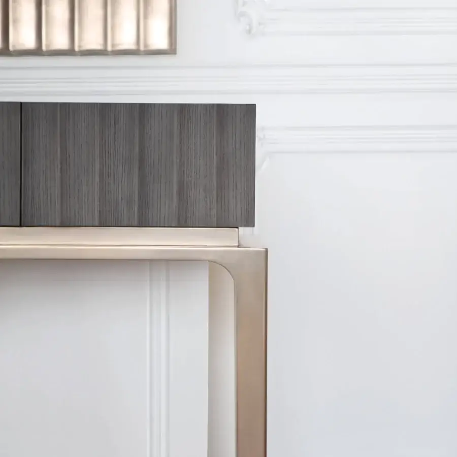 Exceptional BelMondo by Bellotti Ezio Auriga console crafted in white marble with satin gold metal and textured dark wood accents