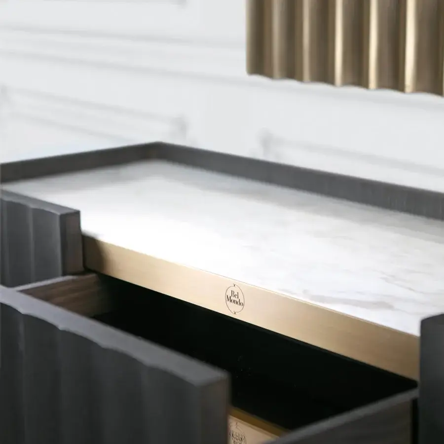 Distinguished BelMondo by Bellotti Ezio Auriga console with dark gray satin wood and brass-toned metal detailing in a reeded design