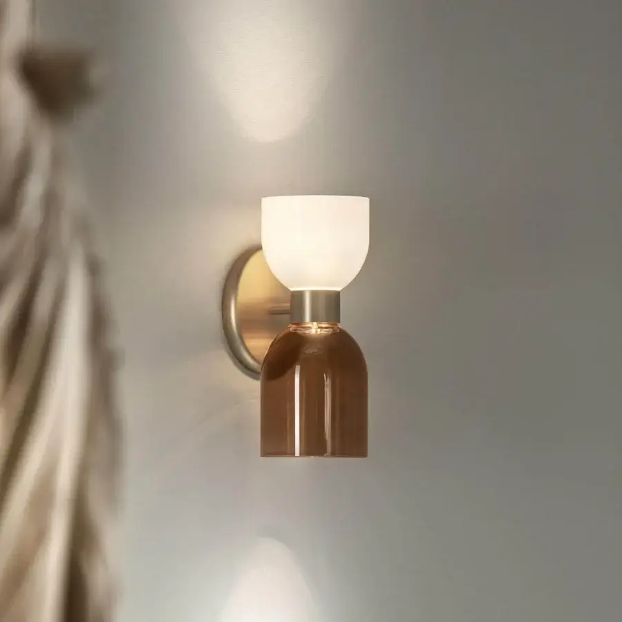 Distinguished Italamp Caterina wall lamp with brushed gold metal and striking white green glass diffusers offering dual light emission