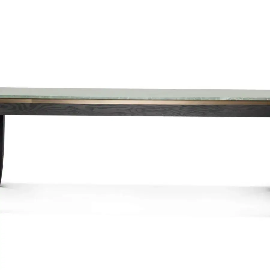 Distinguished BelMondo Auriga table with pale green marble tabletop and dark satin-finish wood border and frame