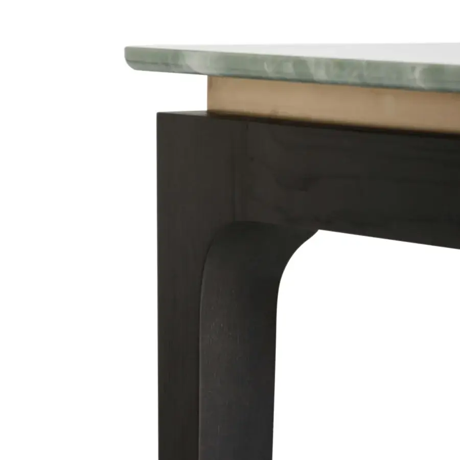 Captivating BelMondo by Bellotti Ezio Auriga table with pale green marble, brass band and muted gray-black curved wooden base