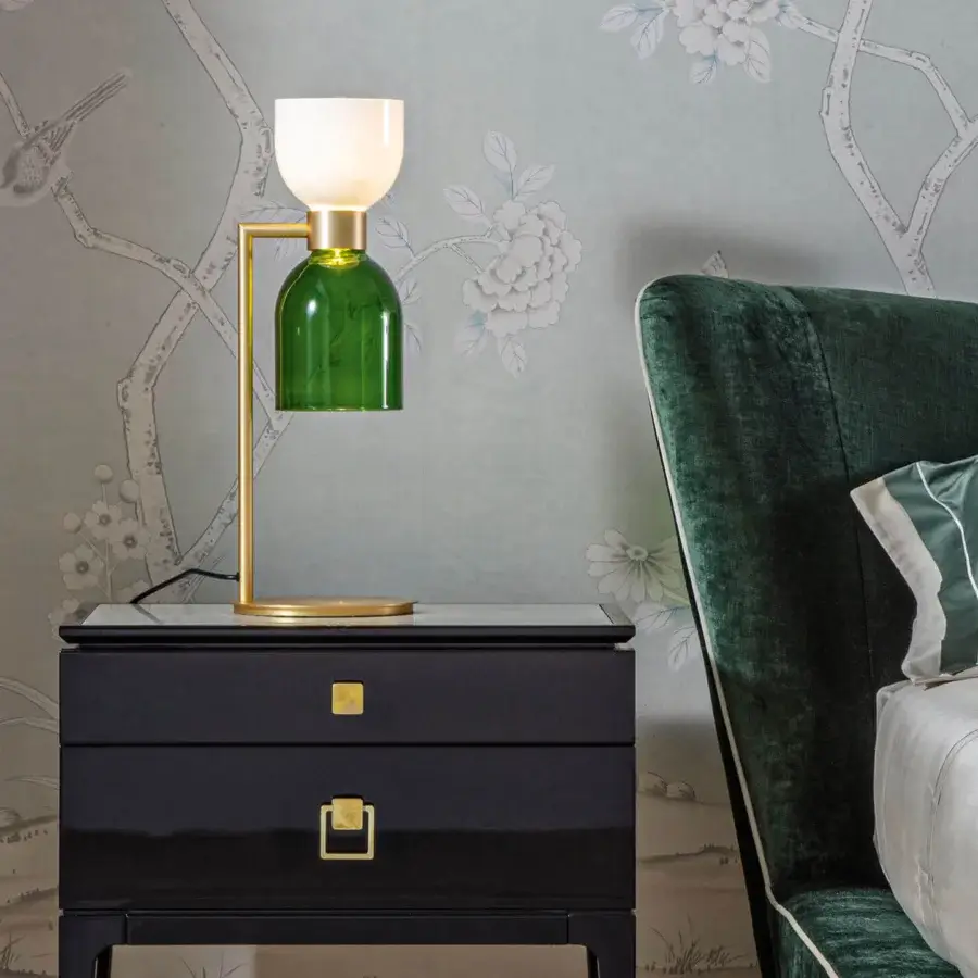 Distinguished Italamp Caterina table lamp with brushed gold-finished metal and striking green glass crafted in Italy