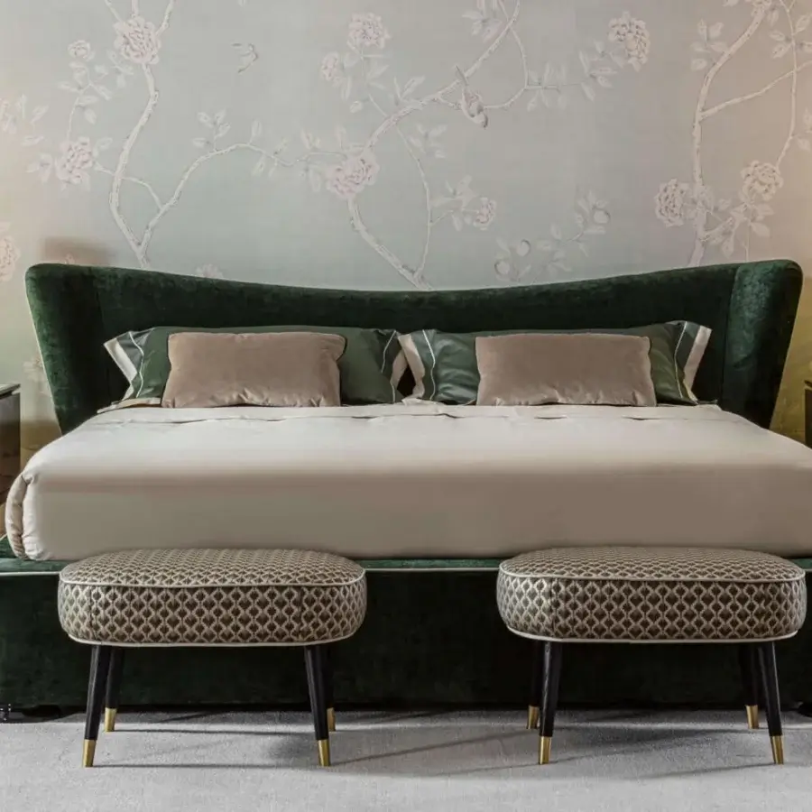 Sophisticated Italamp Caterina table lamp with slender form and captivating green glass diffuser crafted in brushed gold-finished metal