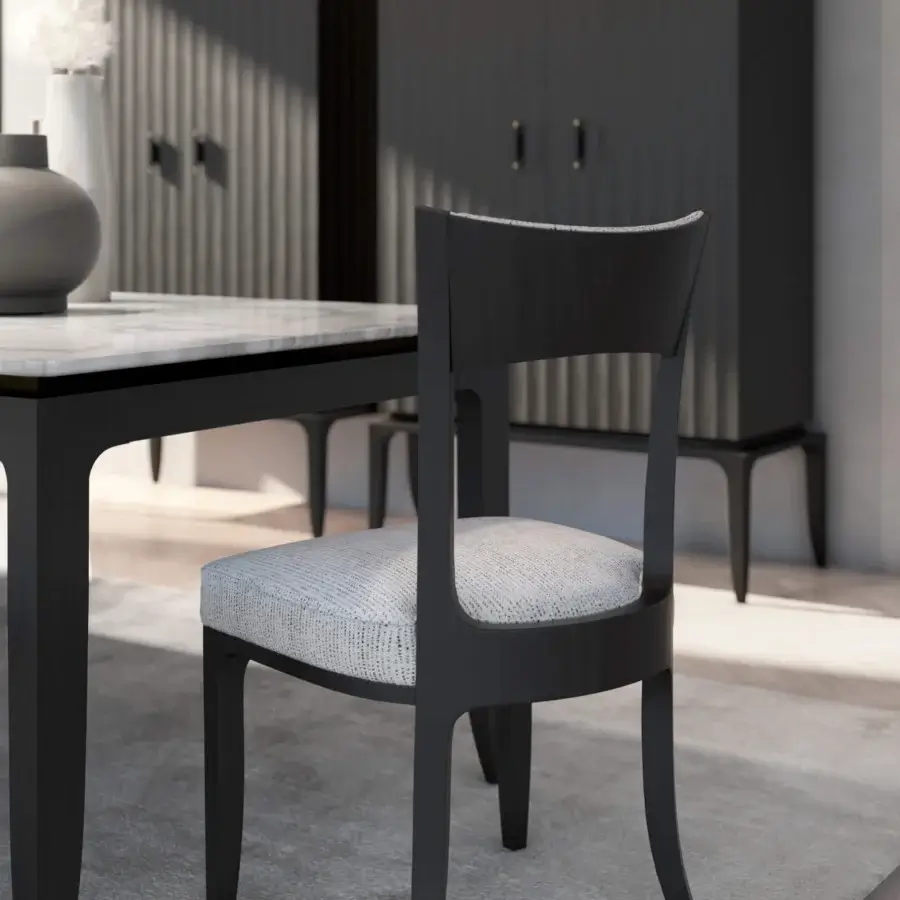 Elegant BelMondo by Bellotti Ezio Ico chair with gray and white upholstery and satin-finished dark wood frame