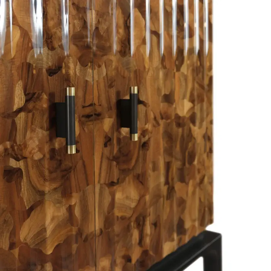 Distinguished BelMondo by Bellotti Ezio Auriga bar cabinet with warm brown glossy wood grain and dark metal gold-toned handles resting on a sleek black base