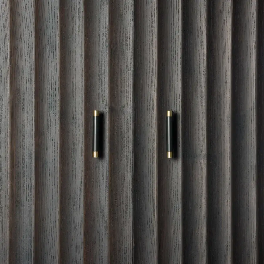 Distinguished BelMondo by Bellotti Ezio Auriga bar cabinet crafted in wood with dark matte finish and minimalist brass-toned handles