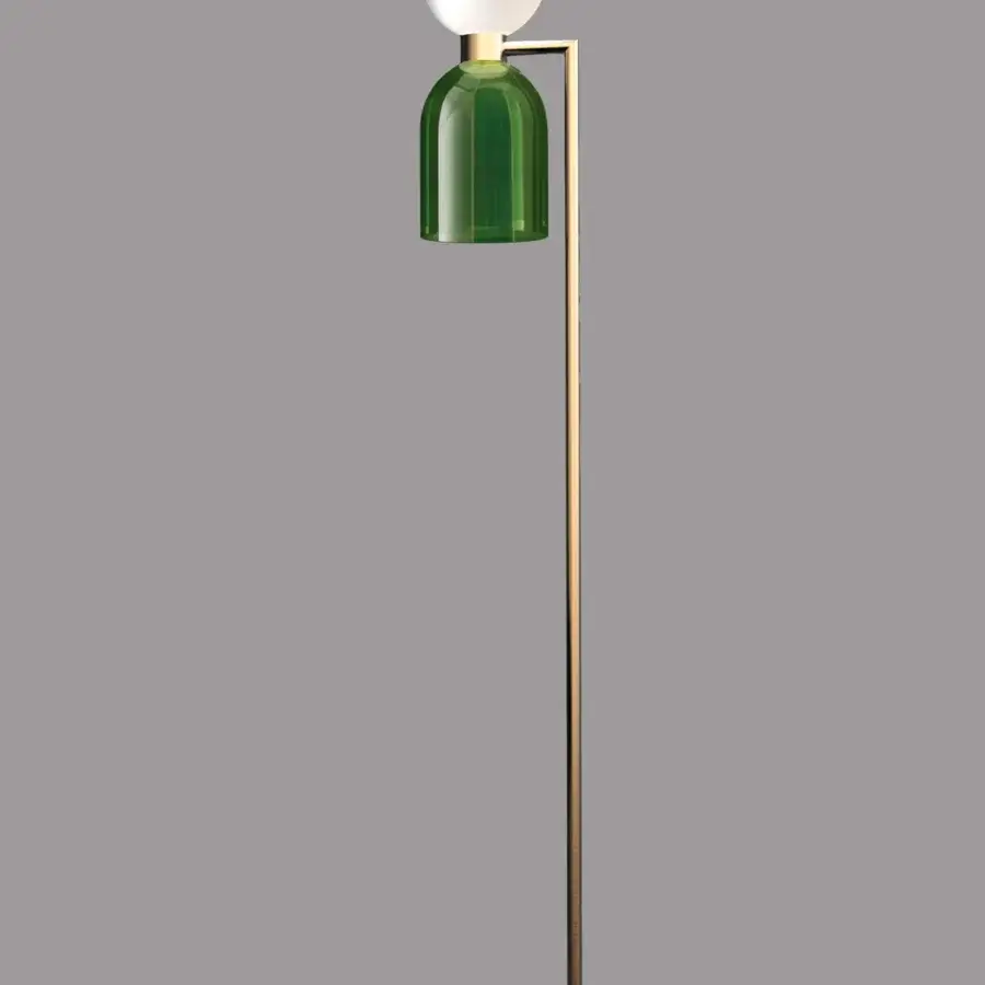Distinguished Italamp Caterina floor lamp with a slender silhouette and chromatic contrast in brushed gold metal with a deep green glass diffuser