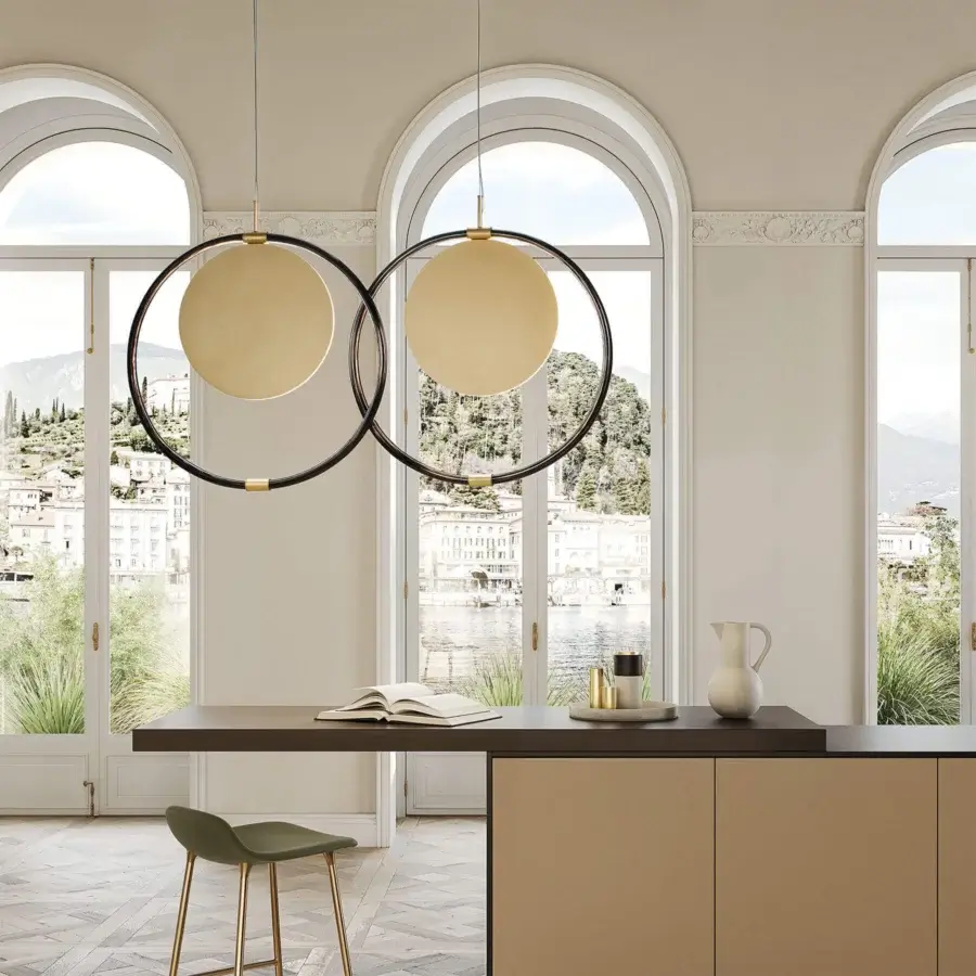 Captivating Italamp Enso suspension lamp with pale beige glass and matte champagne metal disk crafted with avventurina pigment