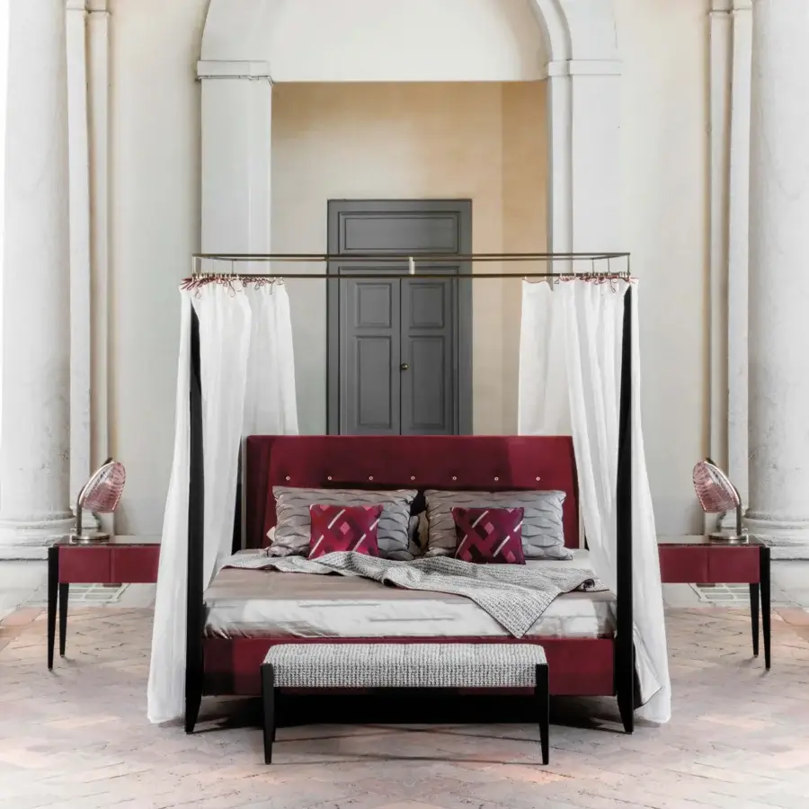Distinguished BelMondo by Bellotti Ezio Frine bench with light gray and white textured textile and dark wooden legs