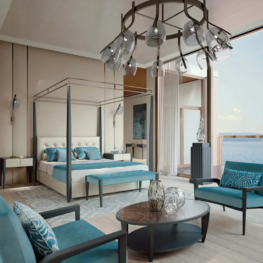 Exceptional BelMondo by Bellotti Ezio Frine bench with bright turquoise upholstery and dark-toned legs evoking Italian figurative culture