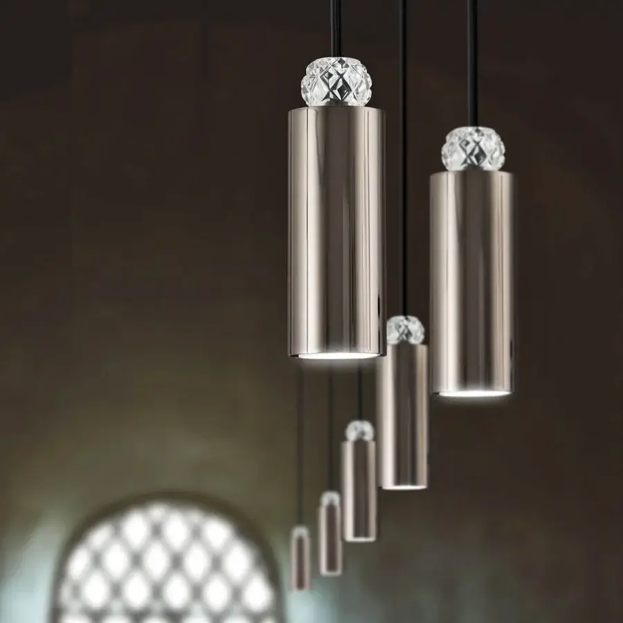 Distinguished Italamp Dotto suspension lamp with iron grey metal and clear crystal, crafted in a sleek cylindrical form