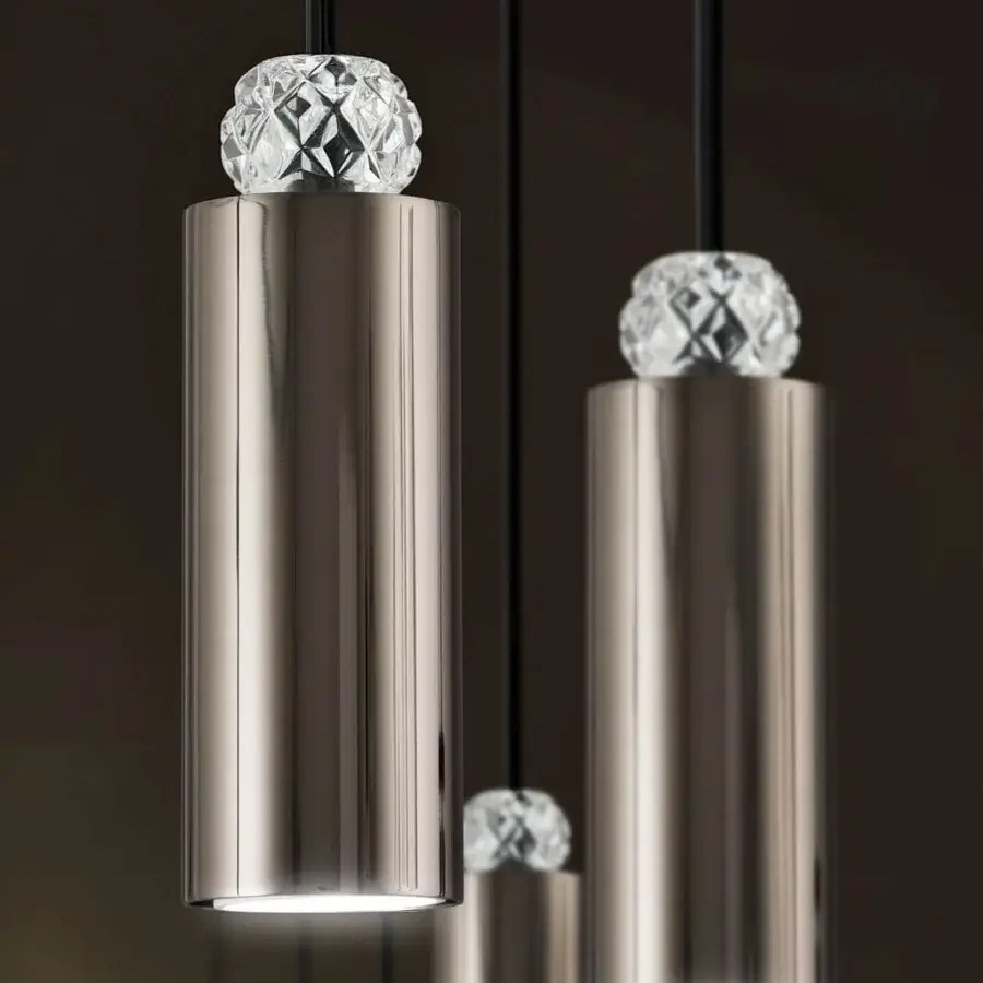 Superior Italamp Dotto suspension lamp with cylindrical metal in iron grey and clear crystal detail