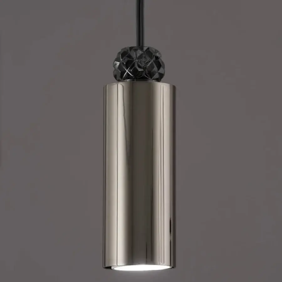 Superior Italamp Dotto suspension lamp with cylindrical metal in iron grey and faceted black crystal detail