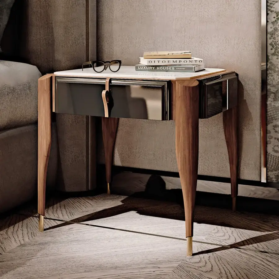 Superior BelMondo Lexington Avenue nightstand with tapered wooden legs, glossy tabletop and dark drawer front built with leather-like pulls