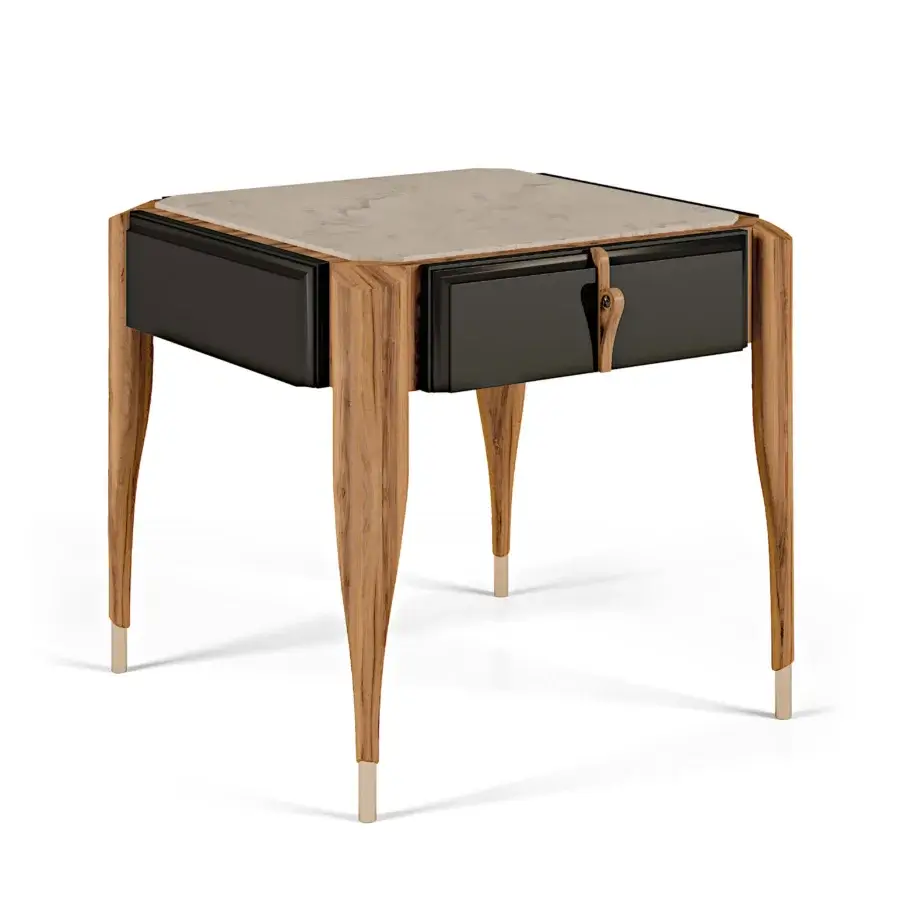 Exceptional BelMondo Lexington Avenue nightstand in medium wood with black drawer and stone-like top, crafted with tapered legs and leather-like pull