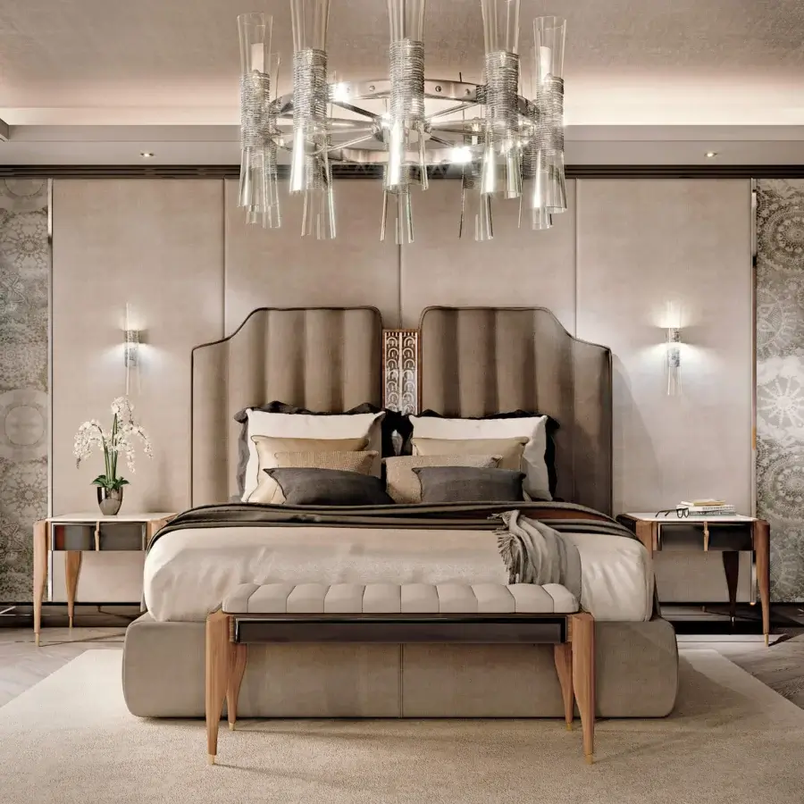 Elegant BelMondo Lexington Avenue nightstand crafted in warm beige wood with brown accents and golden end caps