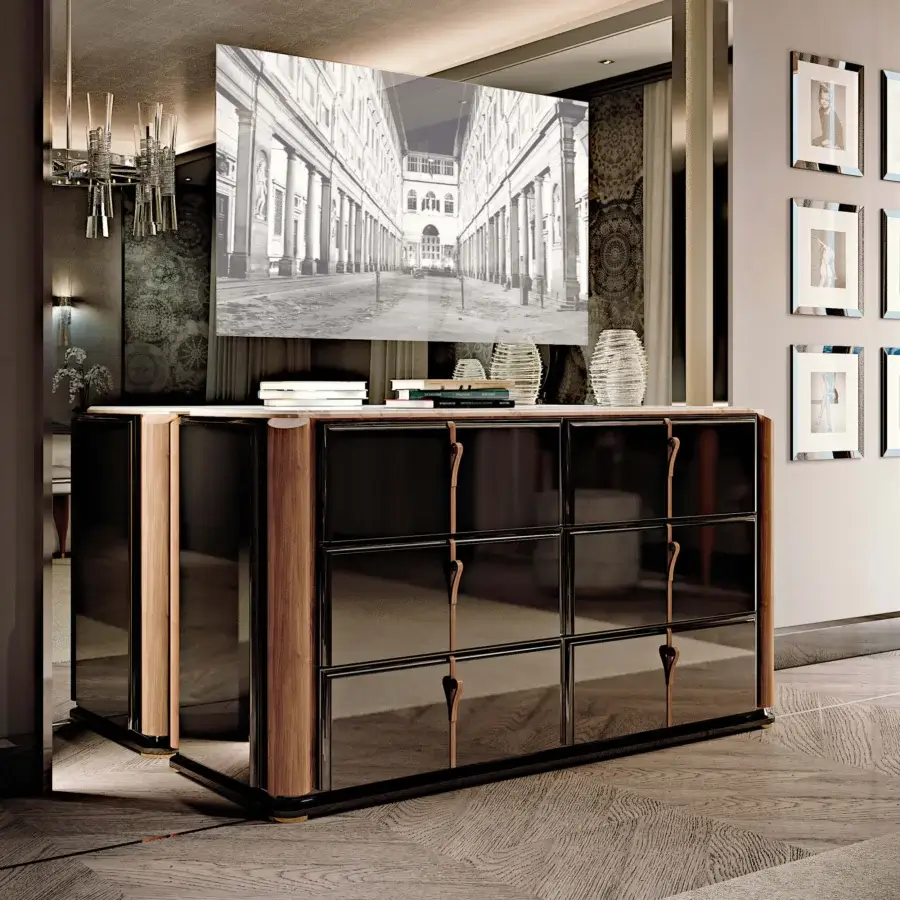 Distinctive BelMondo Lexington Avenue dresser with contrasting dark glossy drawer fronts and natural wood frame in satin finish