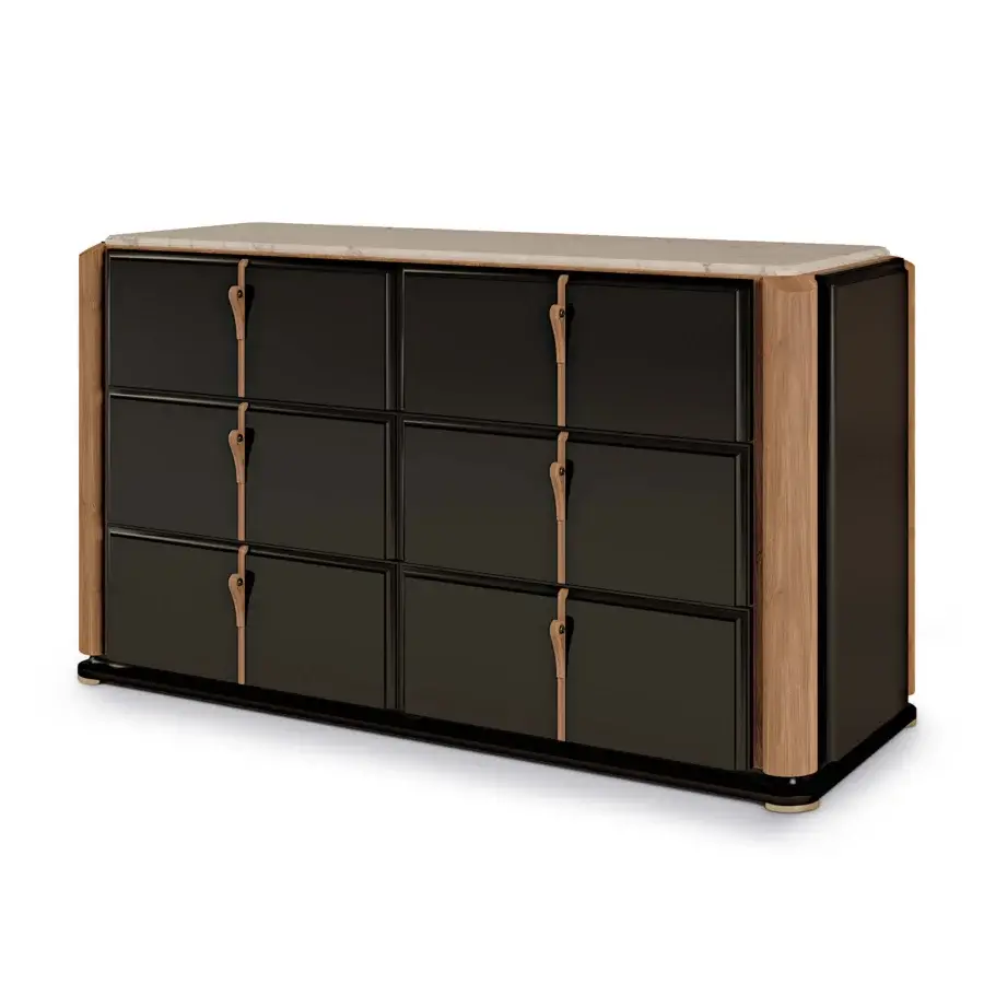 Elegant BelMondo Lexington Avenue dresser crafted in Italy with contrasting dark glossy drawer fronts and light wood panels with a stone top