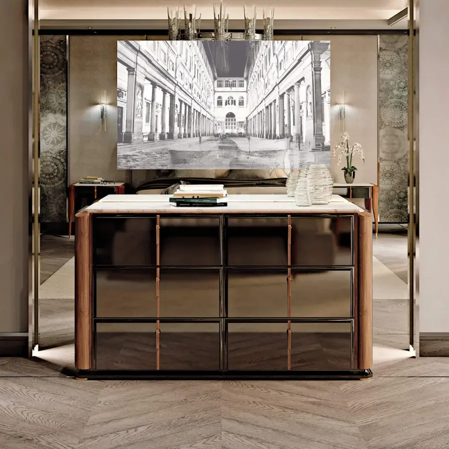 Exceptional BelMondo Lexington Avenue dresser with marble-like top and dark glossy drawers built with unique wood handles