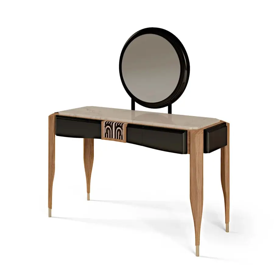 Elegant BelMondo by Bellotti Ezio Lexington Avenue vanity in light-toned wood with a marbled tabletop and matte black drawers