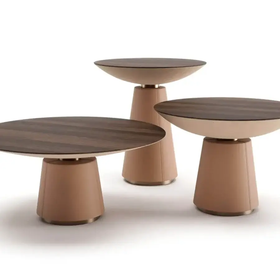 Distinguished Vismara Eclisse coffee table with travertino beige ceramic stone effect top and concrete effect lacquered conical leg