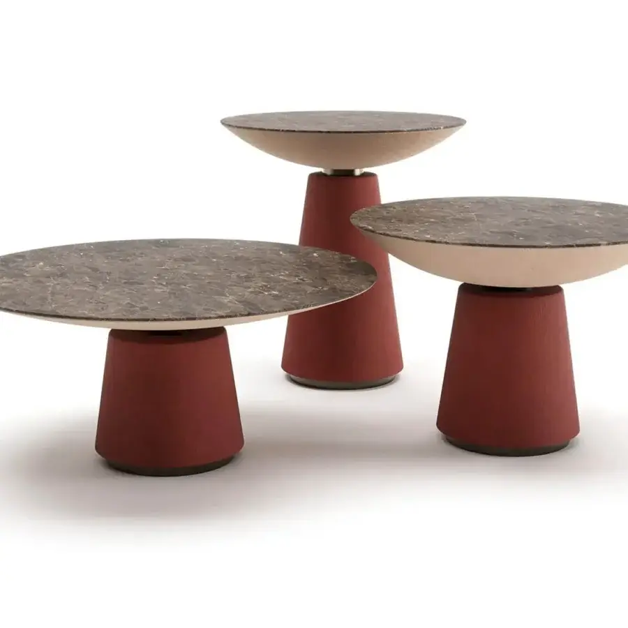 Superior Vismara Eclisse side and coffee table with Gris du Gent ceramic stone effect top and reddish-brown concrete effect lacquered leg