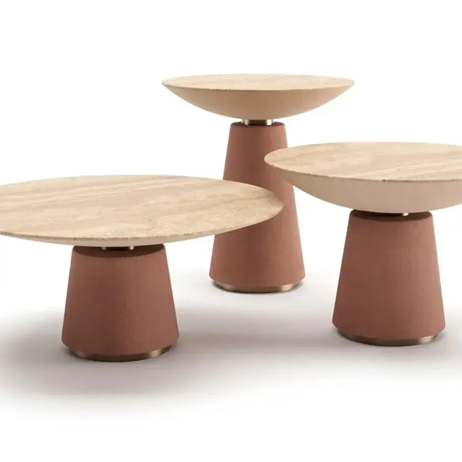 Elegant Vismara Eclisse coffee table with ceramic stone effect top and conical reddish-brown leg with stainless steel accents